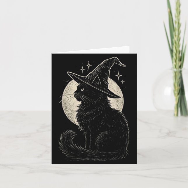 Carte Chapeau de sorcière de chat noir mignon rétro coqu (Devant)