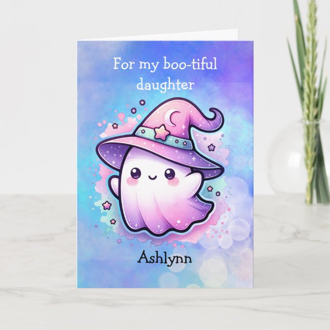 Carte Chapeau de Sorcière Mignon Fantôme Halloween Fille (Devant)