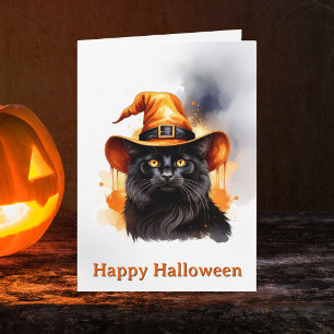 Carte Chapeau de sorcière orange chat noir fantaisiste H
