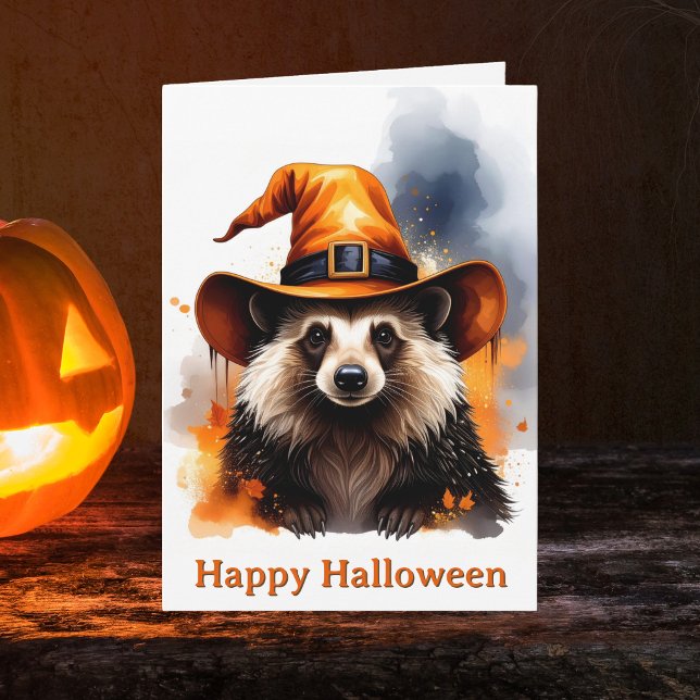 Carte Chapeau de sorcière orange hérisson fantaisiste Ha (Happy Halloween Hedgehog Witch Card. Spooky season notecards)