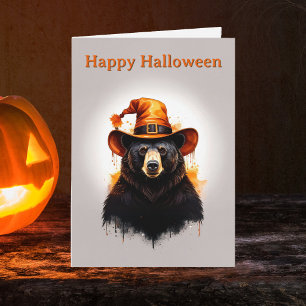Carte Chapeau de sorcière orange ours noir fantaisiste H