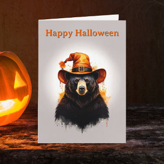 Carte Chapeau de sorcière orange ours noir fantaisiste H