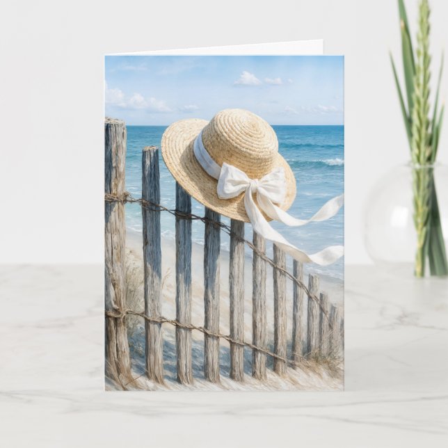 Carte Chapeau d'été d'anniversaire sur clôture de plage (Devant)