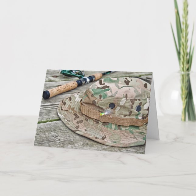 Carte chapeau et canne à pêche pour anniversaire (Devant)