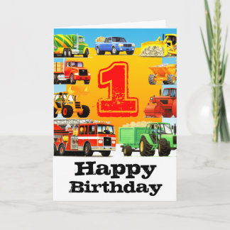 Carte Chariot de construction 1er anniversaire pour bébé
