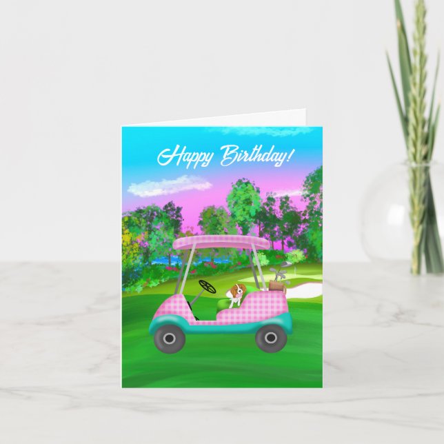 Carte Chariot de golf avec un mignon spaniel Cavalier Ki (Devant)