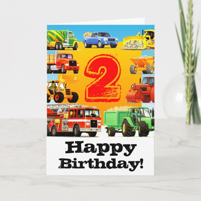 Carte Chariots de construction Custom Boy's 2nd Birthday (Devant)