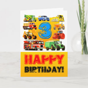 Carte Chariots de construction Joyeux garçon 3e annivers