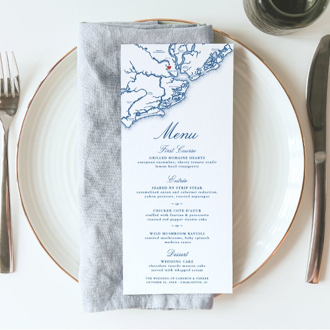 Carte Charleston SC Élégant Mariage bleu marine (Charleston South Carolina Wedding Menu in elegant navy blue from Coastal Map Designs)