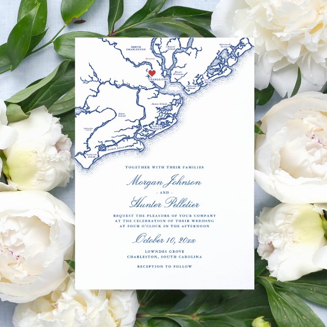 Carte Charleston SC Élégant Mariage bleu marine (Charleston South Carolina Map Wedding Invitation in elegant navy blue from Coastal Map Designs)