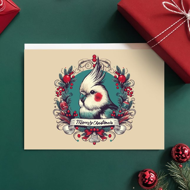 Carte Charmant Cockatiel Vintage Vacances Wreath Animal  (Christmas Cockatiel holiday card in charming vintage style, pet bird portrait in red & teal wreath)