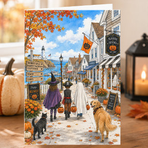 Carte charmante d'Halloween de ville côtière autom