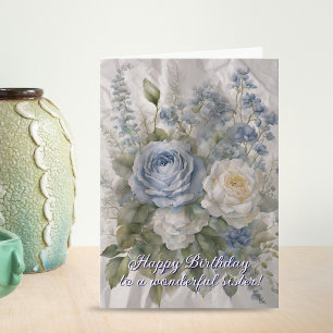 Carte Charmante intemporelle Roses Bleues et Blanches An