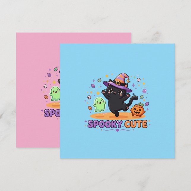 Carte Charmante Sorcière Chat Noir Halloween (Devant / Derrière)