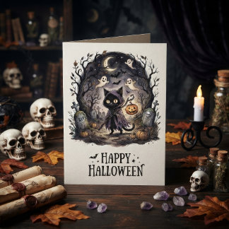 Carte Charmante Sorcière Chat Noir Halloween