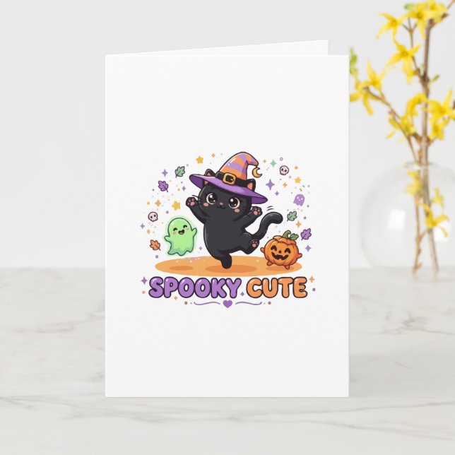Carte Charmante Sorcière Chat Noir Halloween (Fleur jaune)