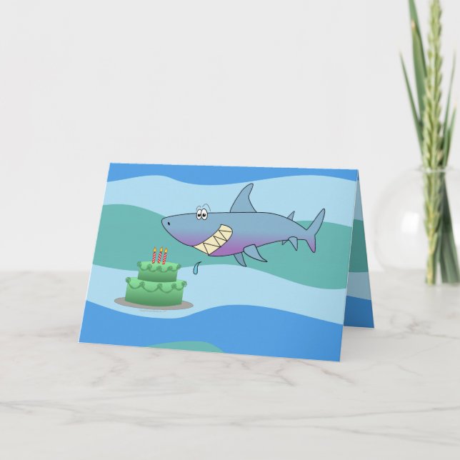 Carte Charme Caricature Requin Avec Gâteau Anniversaire (Devant)