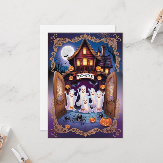 Carte Charming Halloween Chat et Maison Citrouille (Devant/Arrière en situation)