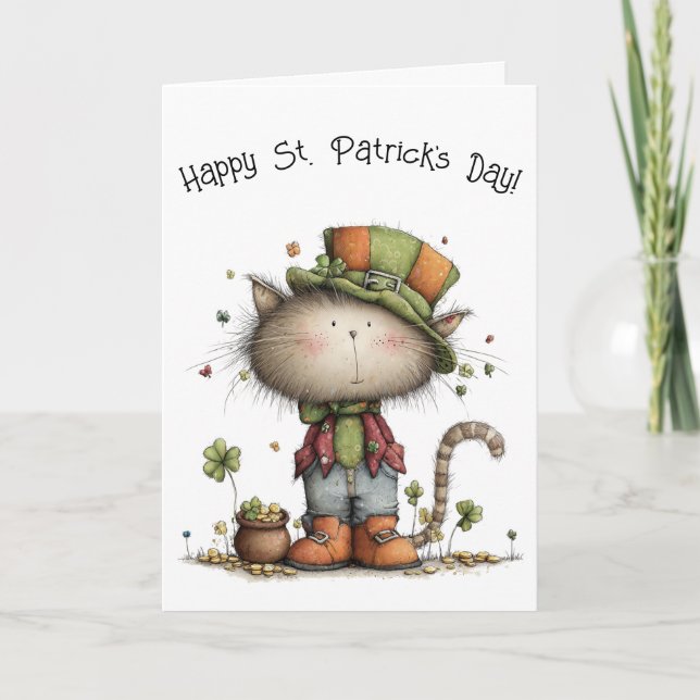 Carte Charming St. Patrick’s Day Cat and Pot of Gold (Devant)