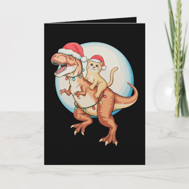 Carte Chat à cheval sur un dinosaure T Rex Lune Noël Xma (Devant)