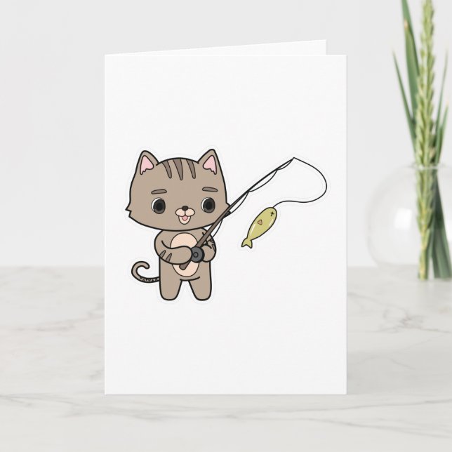 Carte Chat à la pêche avec canne à pêche (Devant)