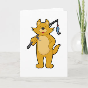 Carte Chat à la pêche avec canne à pêche et poisson