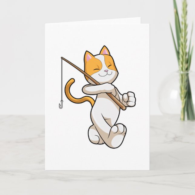 Carte Chat à la pêche avec une canne à pêche (Devant)