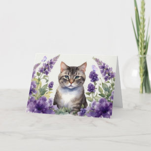 Carte Chat à l'aquarelle avec des fleurs de lavande