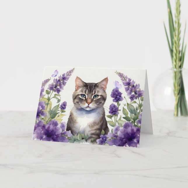 Carte Chat à l'aquarelle avec des fleurs de lavande  (Devant)
