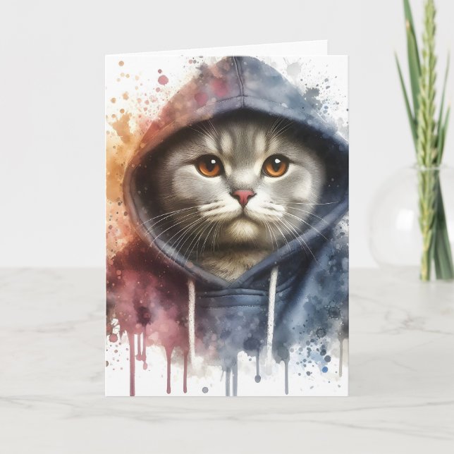 Carte Chat à l'aquarelle dans un sweat à capuche bleu Sp (Devant)