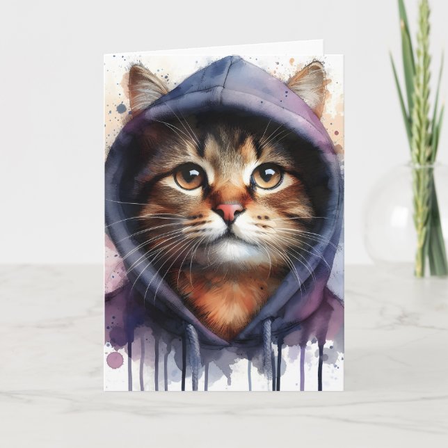 Carte Chat à l'aquarelle dans un sweat à capuche bleu vi (Devant)