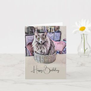 Carte Chat À Oeil Vert En Panier Anniversaire