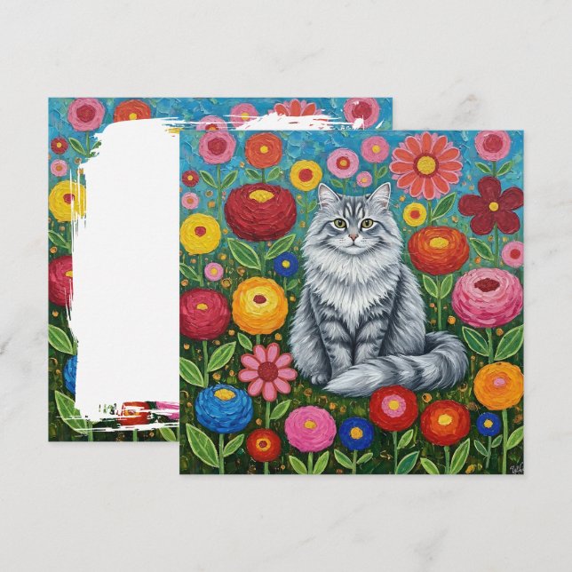 Carte Chat à rayures grises fluides avec fleurs d'art fo (Devant / Derrière)