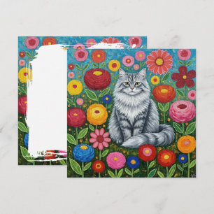 Carte Chat à rayures grises fluides avec fleurs d'art fo
