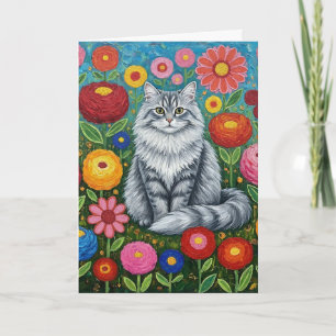 Carte Chat à rayures grises fluides avec fleurs d'art fo