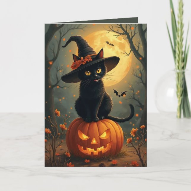 Carte Chat À Sorcière Halloween Sur Un Citrouille (Devant)