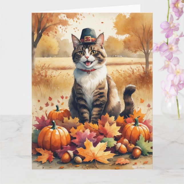 Carte Chat abyssin à l'automne quitte Thanksgiving Art (Orchidée)