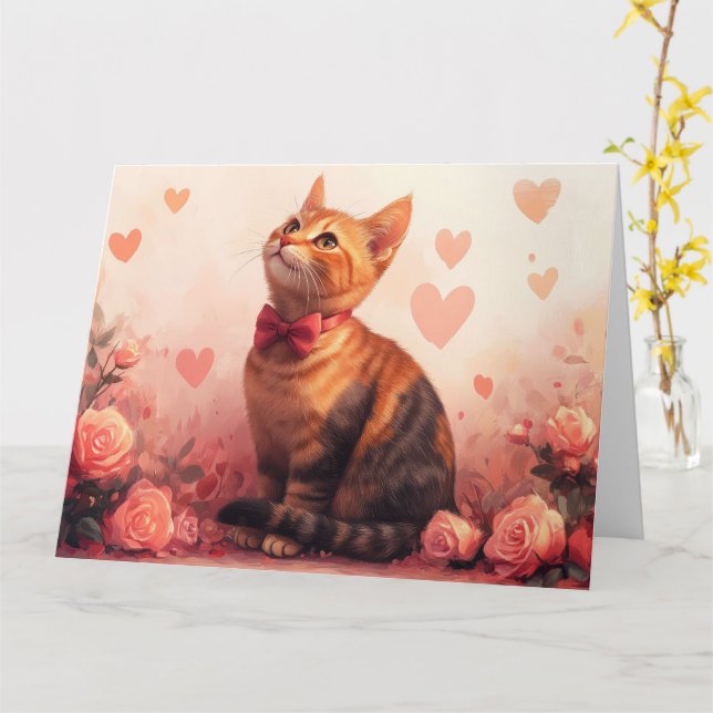 Carte Chat Abyssin avec des Roses - Saint-Valentin  (Fleur jaune)