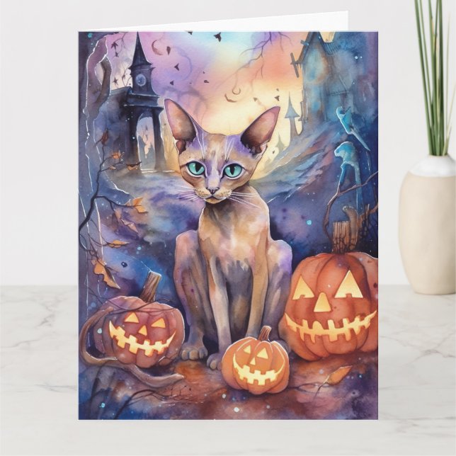 Carte Chat abyssin d'Halloween avec citrouille effrayant (Devant)