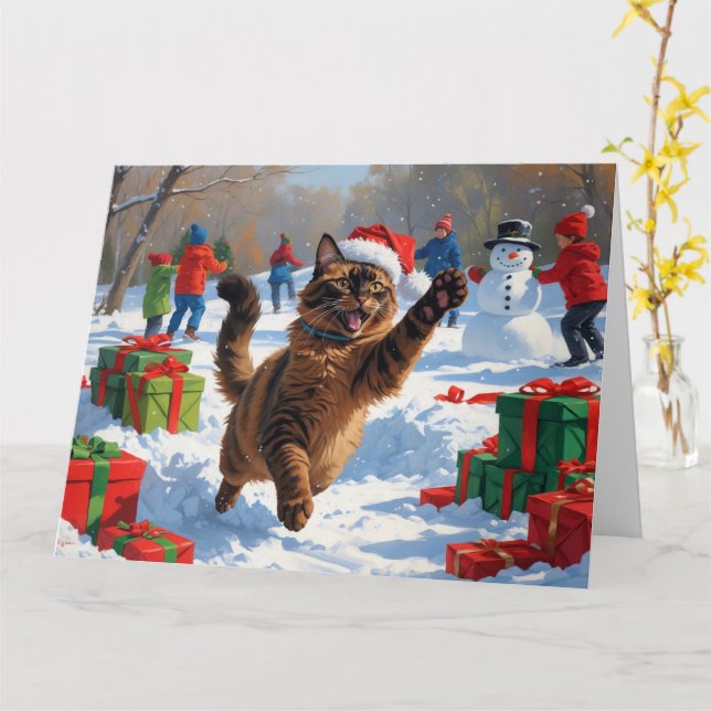 Carte Chat abyssin Scène de neige festive de Noël (Fleur jaune)