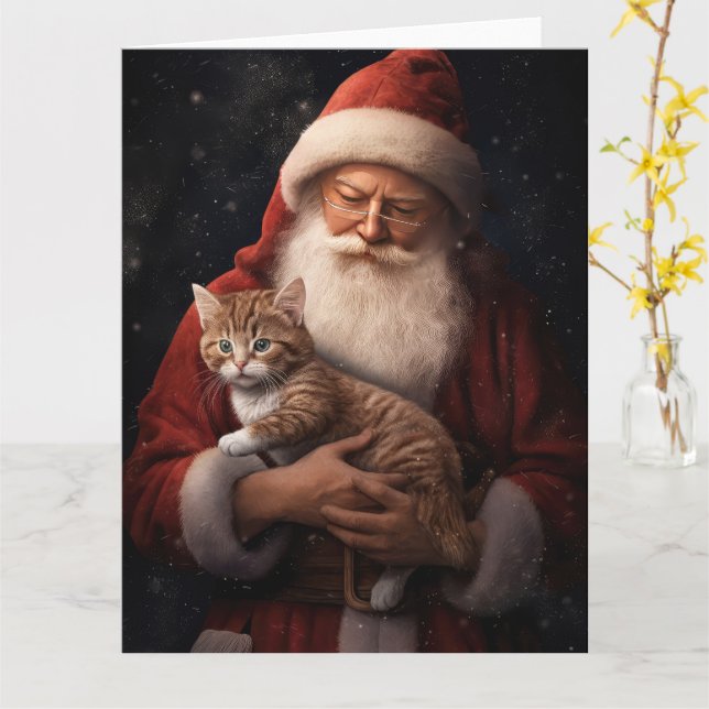 Carte Chat abyssinien avec Noël Festif du Père Noël (Fleur jaune)