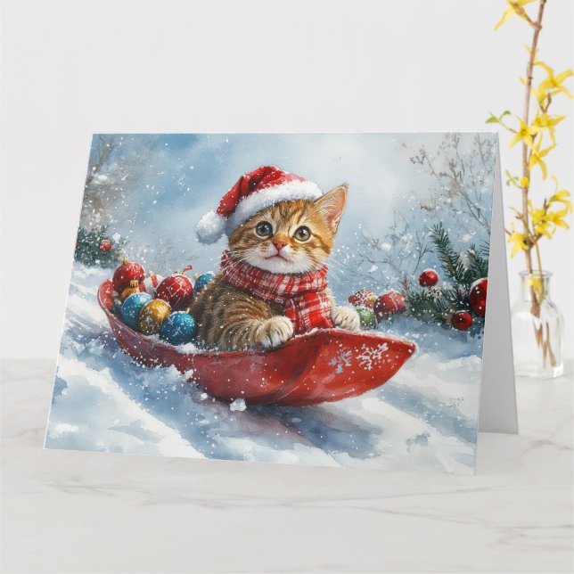 Carte Chat abyssinien en sledge laissez-le neiger Noël (Fleur jaune)