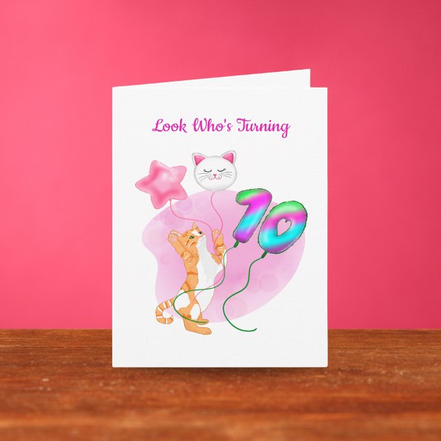 Carte Chat Adorable Avec Ballons 10e Anniversaire (Créateur téléchargé)