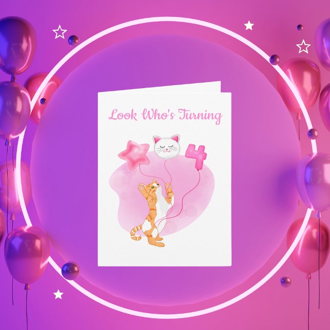 Carte Chat Adorable Avec Ballons D'anniversaire 4 Ans (Créateur téléchargé)