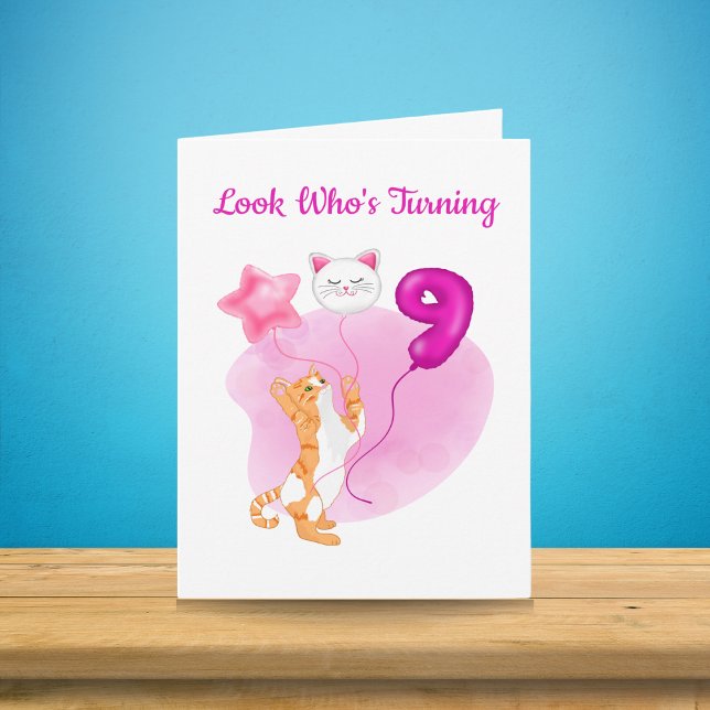 Carte Chat adorable avec ballons d'anniversaire pour 9 a (Créateur téléchargé)