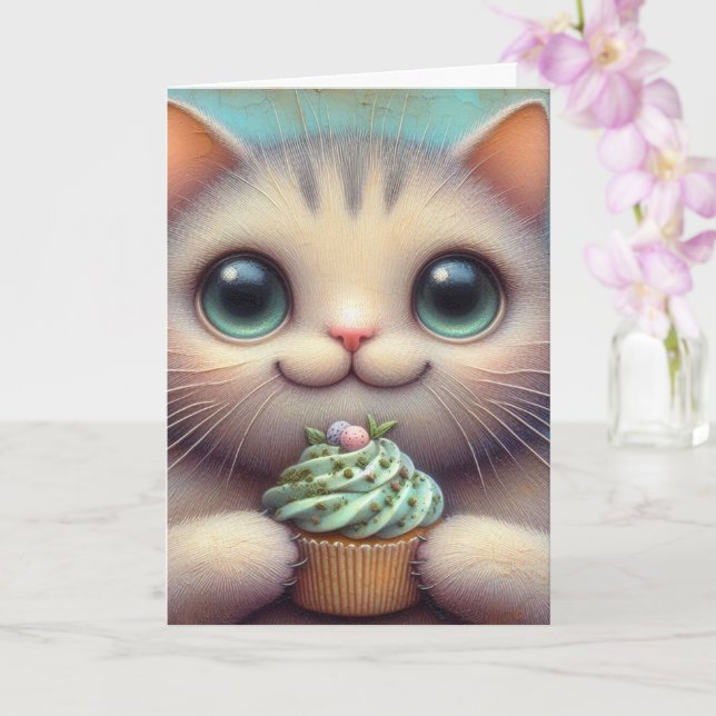 Carte Chat adorable avec un cupcake à l'herbe à chat pou (Orchidée)
