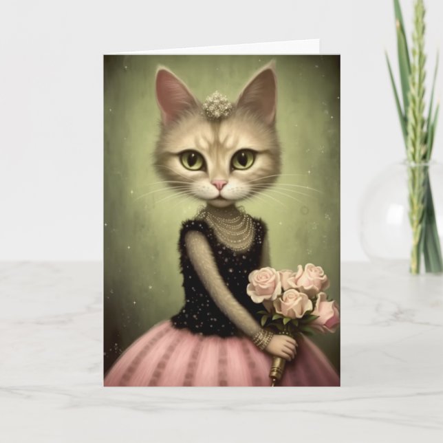 Carte Chat Adorable Tenant Des Roses Roses (Devant)