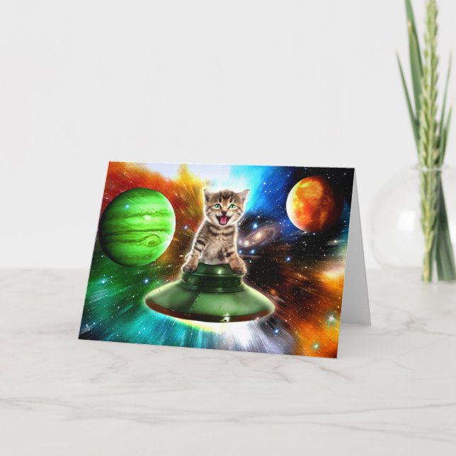 Carte Chat Alien dans la soucoupe de l'ufo (Devant)