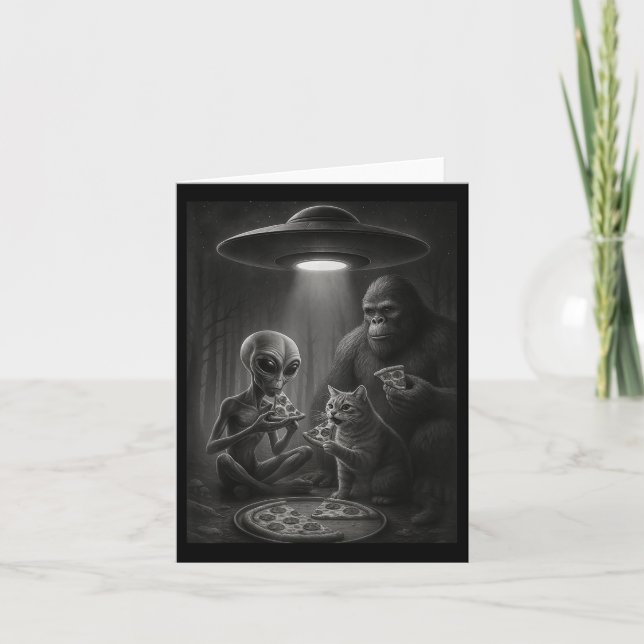 Carte Chat Amusant Avec Alien Et Pizza De Pied D'Oignon  (Devant)