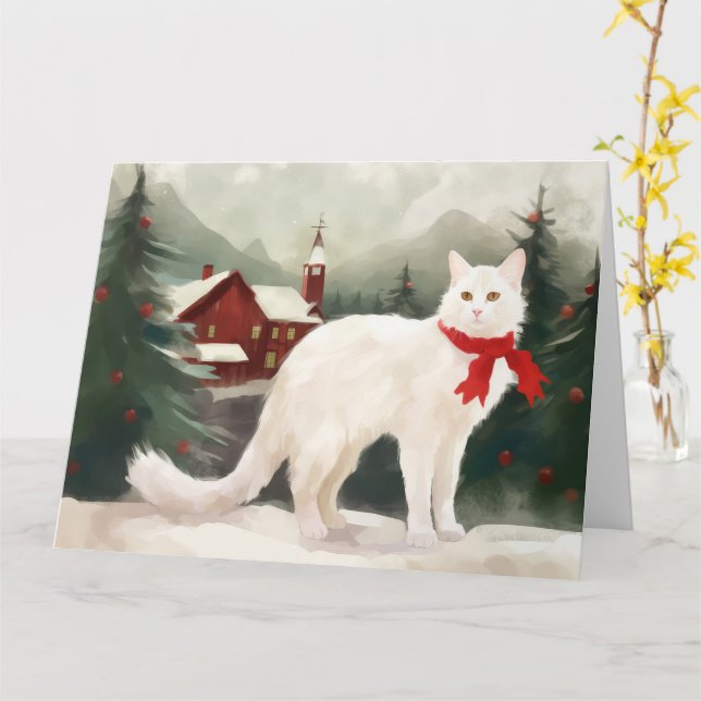 Carte Chat angora turc à Noël sous la neige (Fleur jaune)